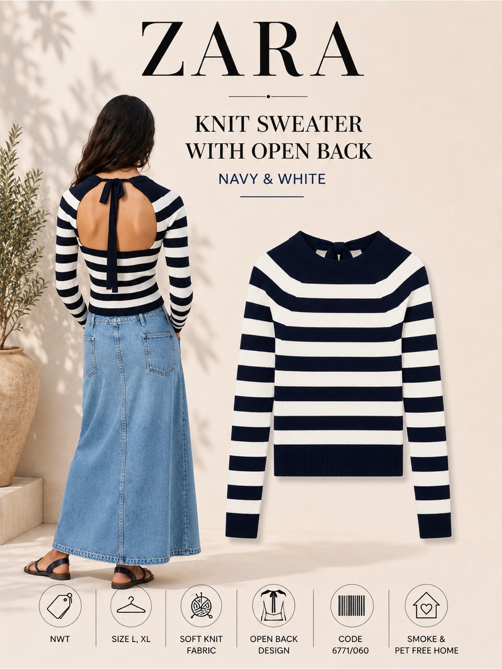 Zara Navy & White Striped Open Back Knit Sweater L XL NWT Long Sleeve